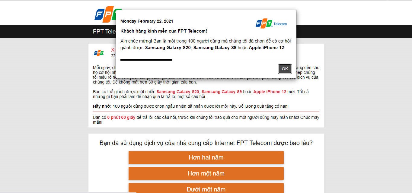 Lừa đảo thông qua website giả mạo FPT Telecom